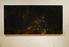 dark horizontal painting with spots of light suggesting streetlights and traffic lights