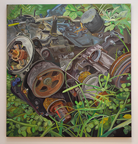 Painting with rusted car parts in foliage, BFA Exhibition 2020