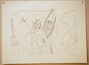 drawing of car interior with two children in backseat and two adults in front seats