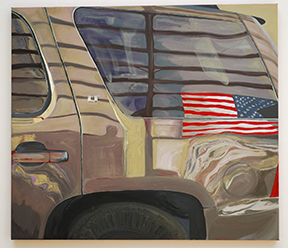 exterior of SUV with American flag reflected in auto paint and window