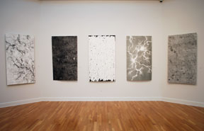 installation view of five large vertical prints on three adjacent walls in gallery