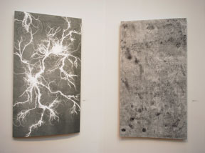 vertical black and white prints resembling lightning and microscopic imagery