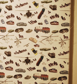 close-up view of wallpaper with car and truck images