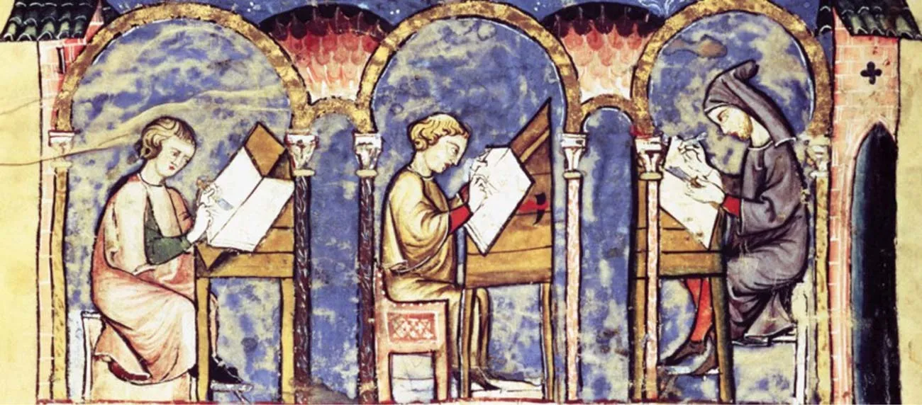 Scribes in Libro de los juegos (“Book of games”) commissioned by Alfonso X in 1283