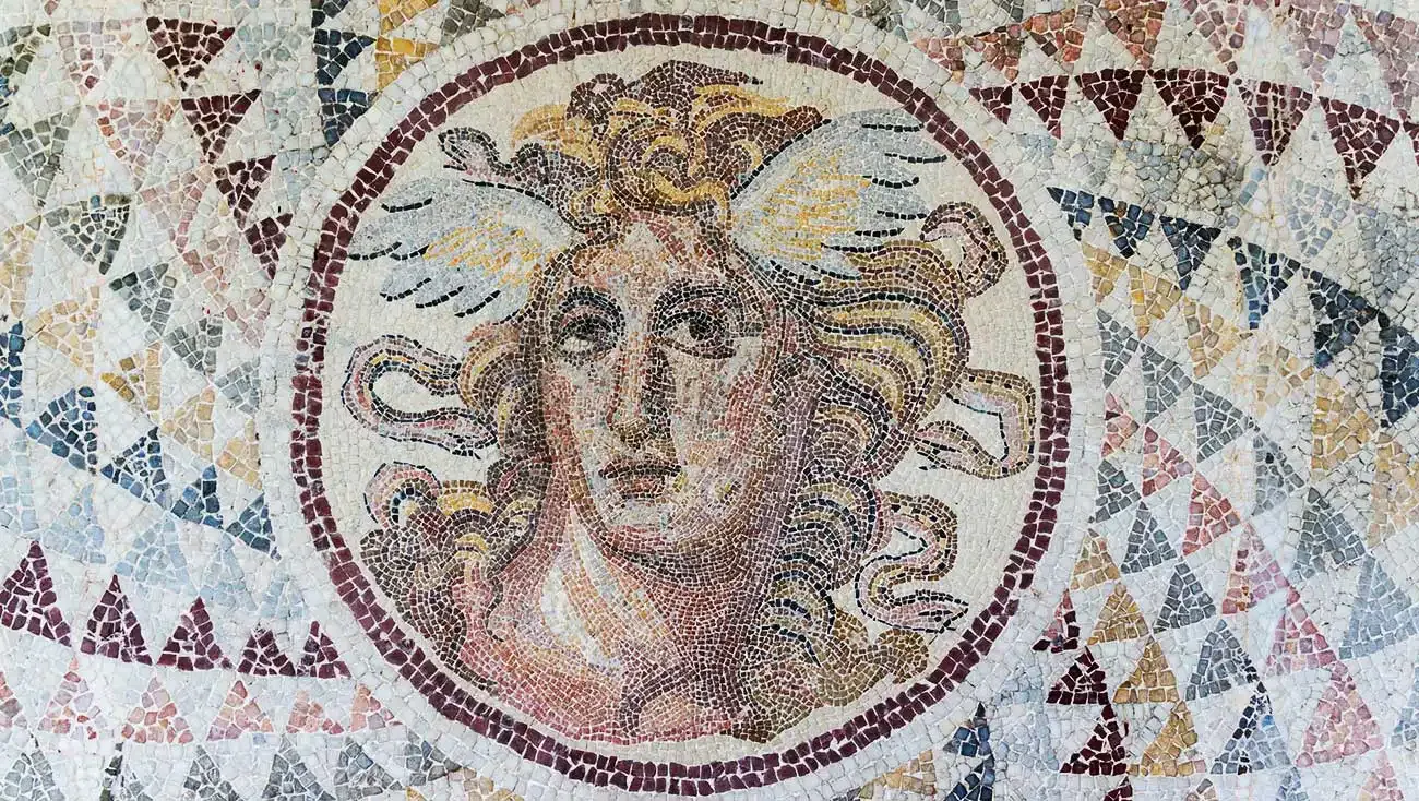 Floor mosaic, detail of the gorgone Medusa, opus tessellatum, found in Zea (Piraeus). 2nd century CE