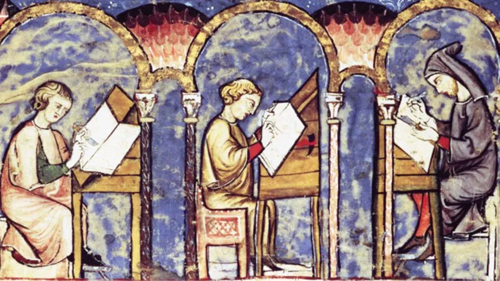 Scribe monks, fol. 1v. from Alfonso X's 1283 'Book of Chess, Dice and Tables'