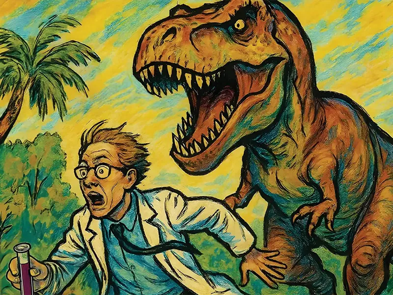 Scientist running from dinosaur