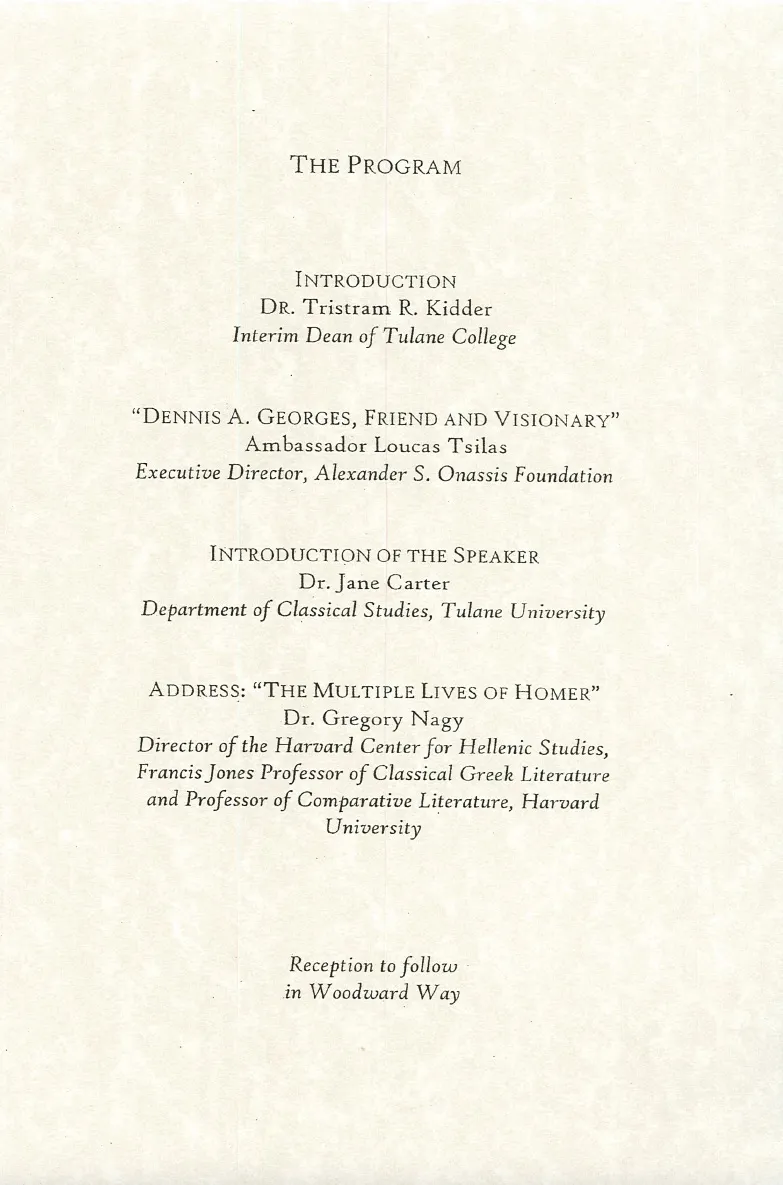 Flyer for the 2003 Georges Lecture: The Multiple Lives of Homer