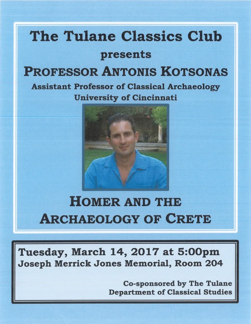 Flyer for the "Homer and the Archaeology of Crete" by Antonis Kotsonas (March 2017)